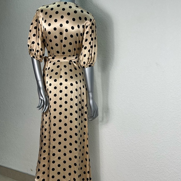 Zara Gold Maxi Dress with Black Polka Dots in silky wrap around fabric-PERFECT - Picture 3 of 6